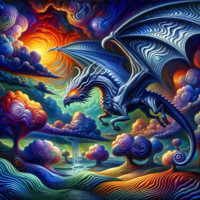 Primary subject: A dragon with wings flying in the sky.

Setting/background: The dragon is flying in a colorful, cloudy sky.

Visual style: The image is a digital art or illustration.

Colors and mood: The image is vibrant and full of color, creating a lively and energetic atmosphere.